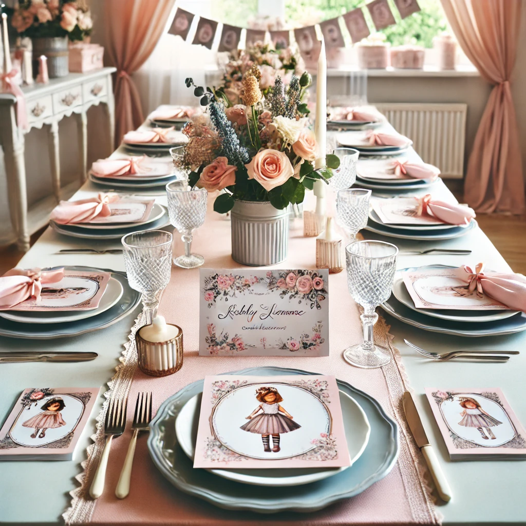 DALL·E 2025-02-22 18.47.29 - A beautifully styled table setup for a girls-only party. The table features a chic runner, elegant place settings with themed plates and napkins, and