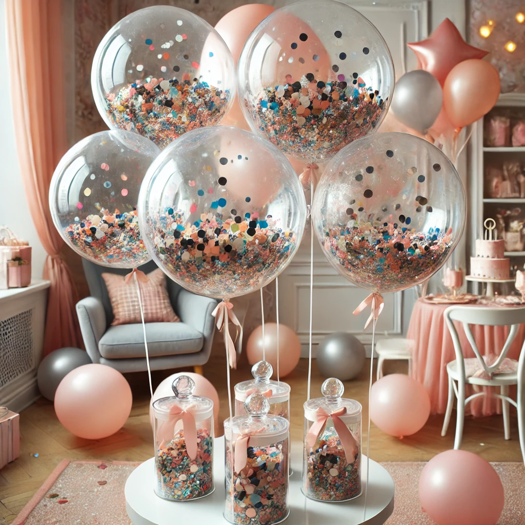 DALL·E 2025-02-22 18.47.34 - A set of clear balloons filled with colorful confetti, floating around a stylish girls-only party space. The confetti adds a fun and festive touch to