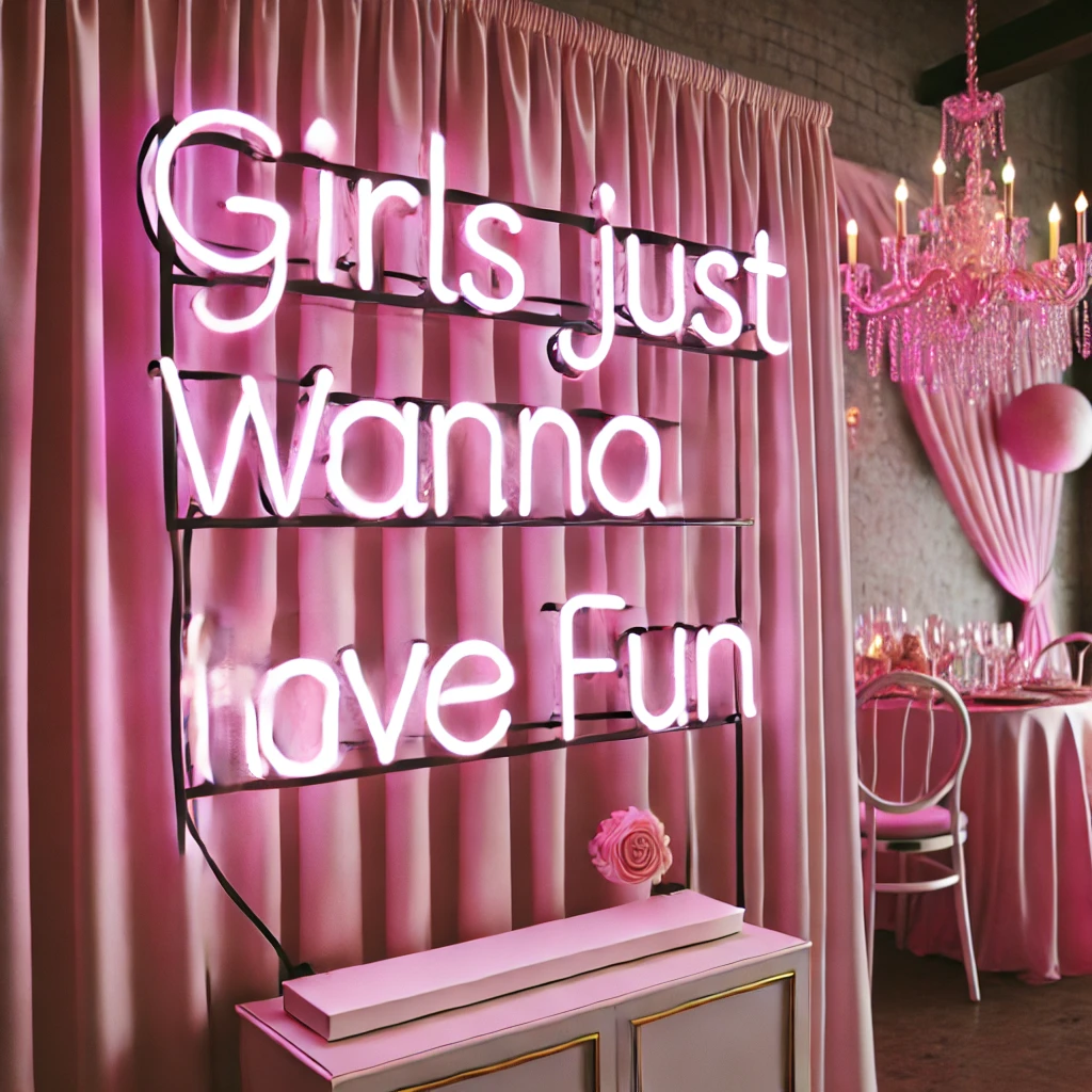 DALL·E 2025-02-22 18.47.42 - A stylish neon sign that says 'Girls Just Wanna Have Fun' in pink LED lights, mounted on a chic backdrop. The setting is perfect for a girls-only part