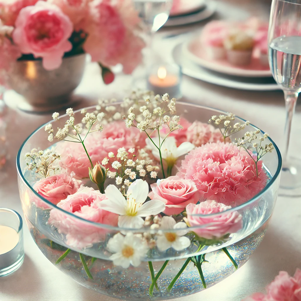 DALL·E 2025-02-22 18.47.48 - A beautiful floating floral centerpiece for a girls-only party. A clear glass bowl filled with water, with delicate fresh flowers floating on the surf