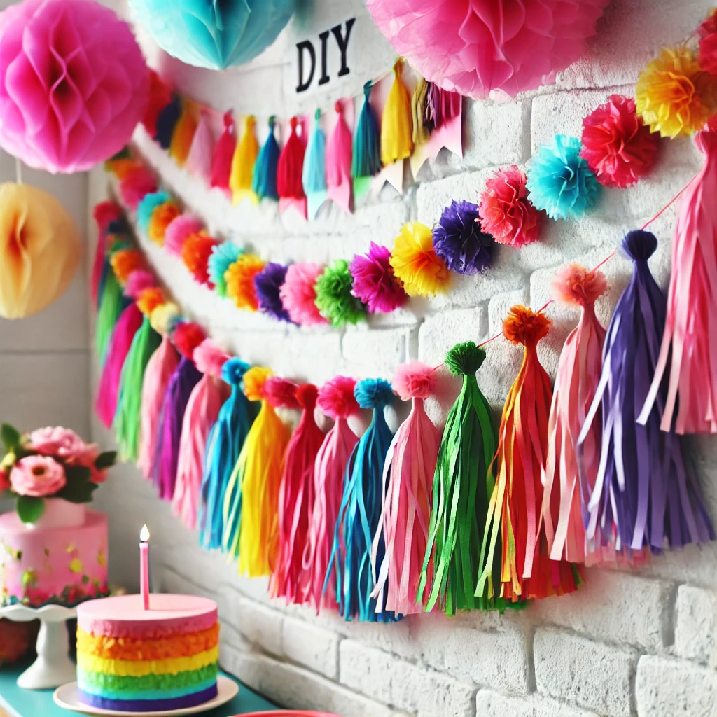 DALL·E 2025-02-22 18.47.56 - A festive and colorful DIY tassel garland hanging along a wall at a girls-only party. The garland is made of tissue paper in vibrant shades, adding a