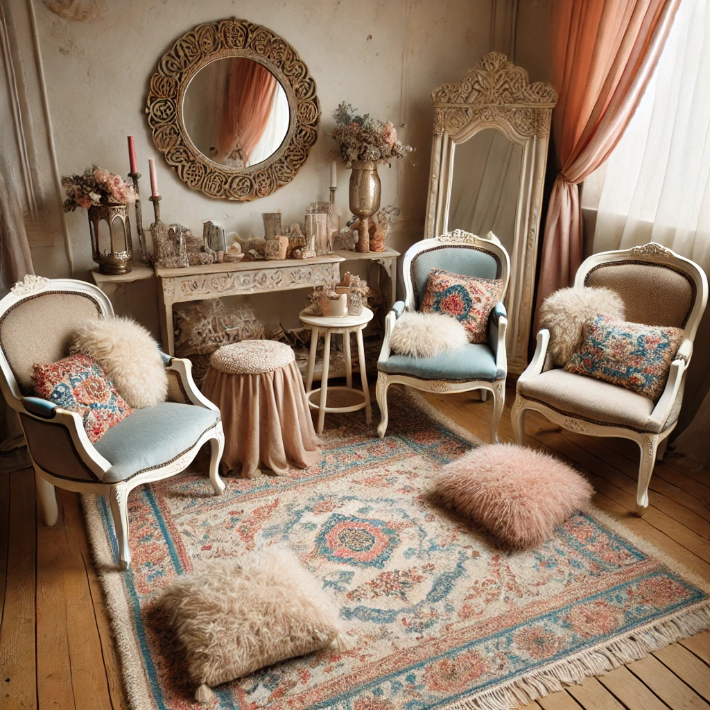DALL·E 2025-02-22 18.47.59 - A cozy vintage-inspired lounge corner for a girls-only party. The setup features mismatched vintage-style chairs, plush decorative pillows, and soft f