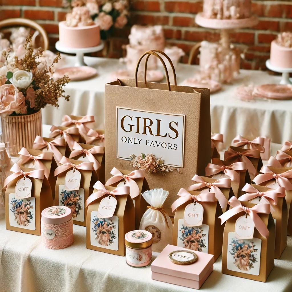 DALL·E 2025-02-22 18.48.02 - A stylish and elegant customized party favors display for a girls-only party. Mini gift bags and boxes with custom labels are arranged neatly on a dec