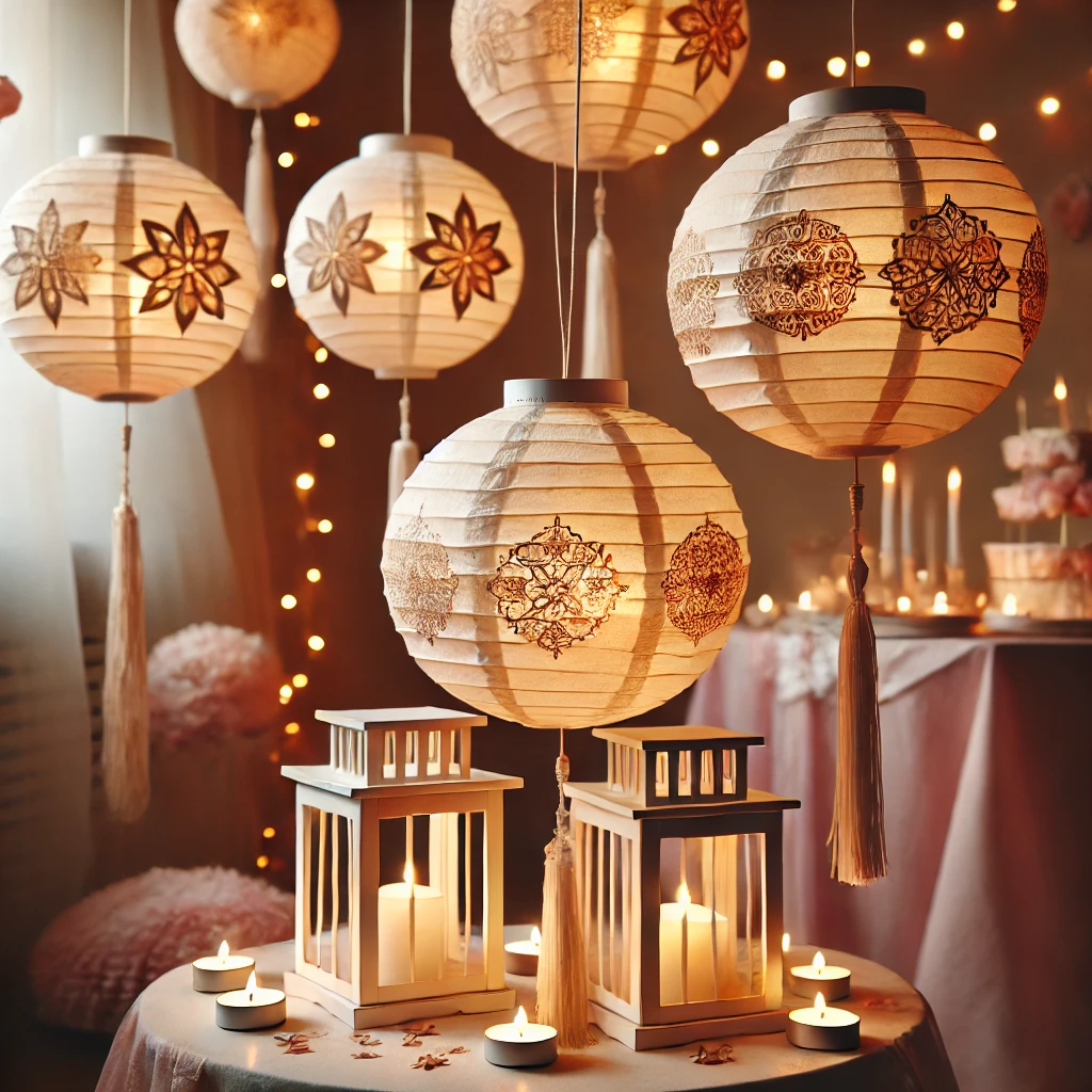 DALL·E 2025-02-22 18.48.12 - A cozy and elegant display of DIY paper lanterns glowing in soft warm light at a girls-only party. A few lanterns are hanging in a balanced arrangemen