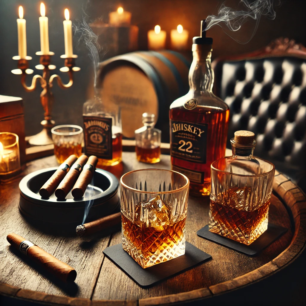 DALL·E 2025-02-22 22.03.37 - A stylish whiskey and cigar lounge setup for a birthday party. Features a barrel-style table, whiskey glasses, cigars placed naturally on an ashtray,