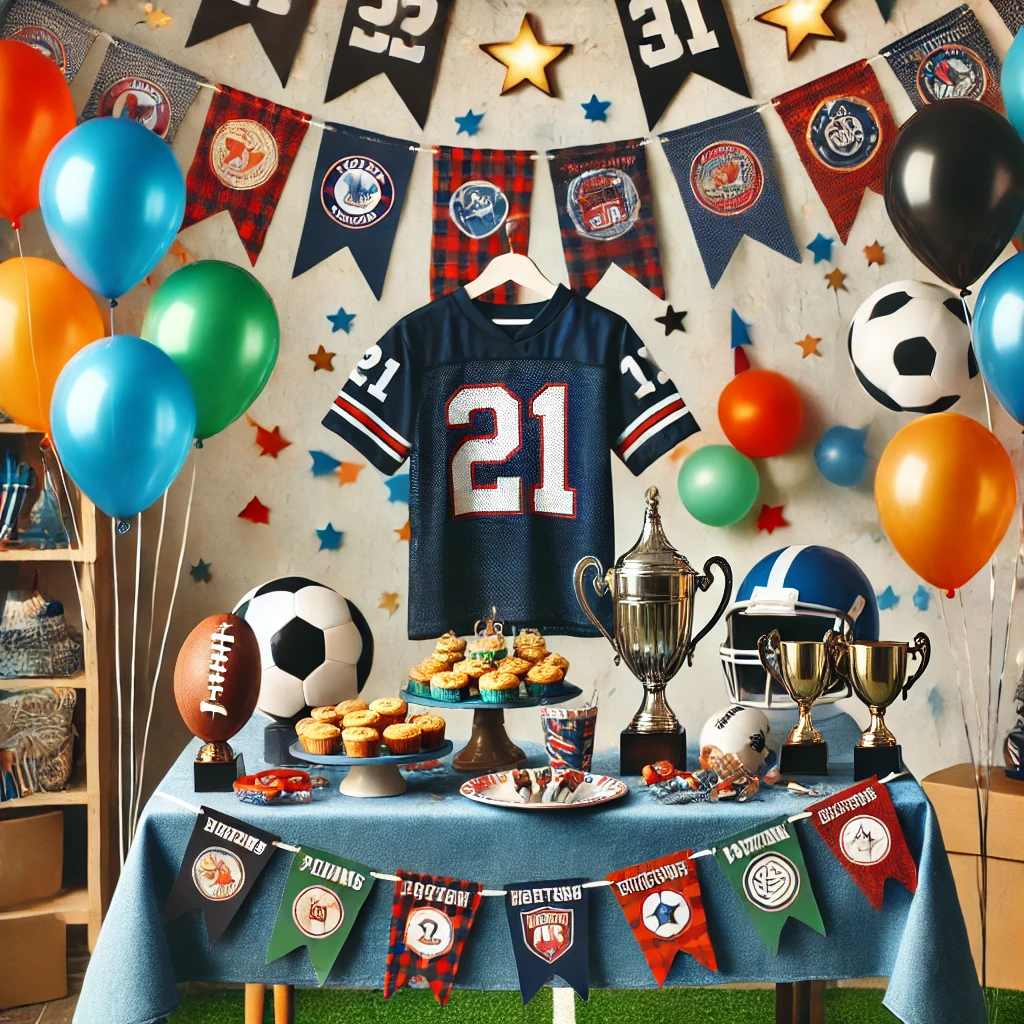 DALL·E 2025-02-22 22.04.01 - A sports-themed birthday party setup with team banners, balloons in a team's colors, mini trophies, and a jersey-patterned tablecloth. The setting fee