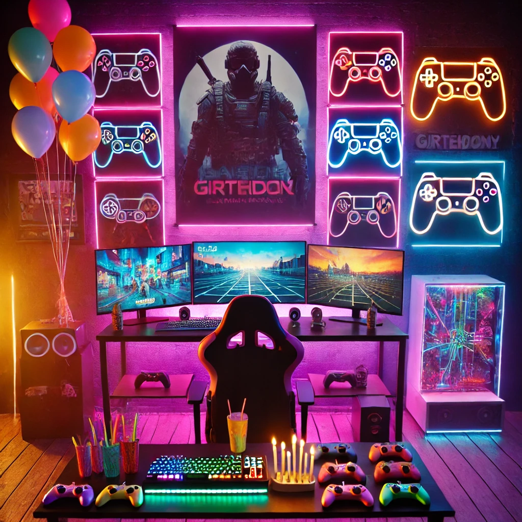 DALL·E 2025-02-22 22.04.08 - A neon-lit gaming-themed birthday party setup. Features LED strip lights, gaming posters, controller-shaped balloons, and a gaming battle station with