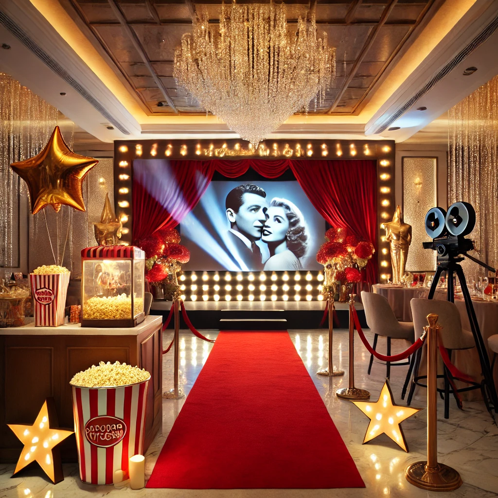DALL·E 2025-02-22 22.04.13 - A Hollywood movie-themed birthday party setup. Features a red carpet entrance, dramatic lighting, a popcorn bar, and a projector screen displaying a c