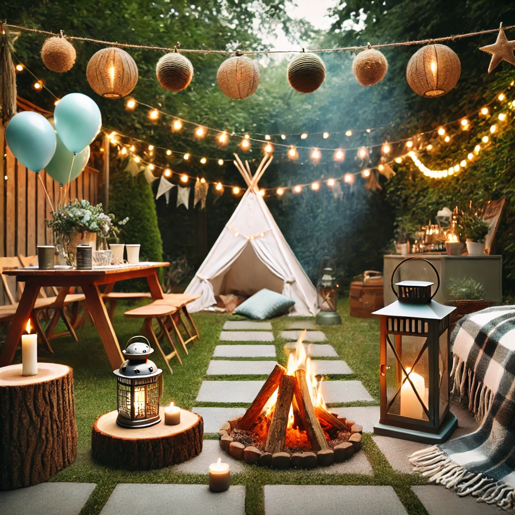 DALL·E 2025-02-22 22.04.19 - A cozy backyard camping-themed birthday party setup. Features string lights, a faux bonfire, camping lanterns, and cozy blankets arranged for a warm a