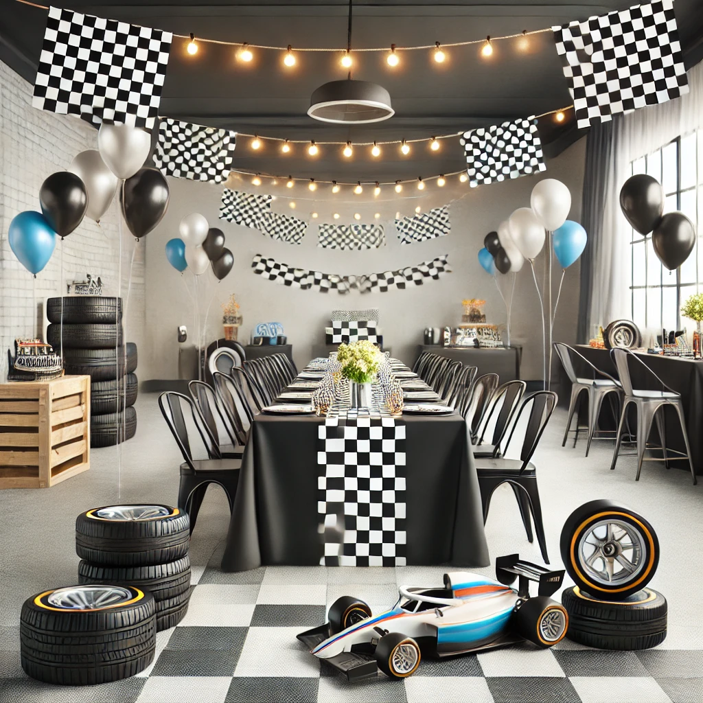 DALL·E 2025-02-22 22.05.25 - A realistic and practical high-speed car-themed party setup. Features checkered flags, tire centerpieces, model cars as table decorations, and metalli