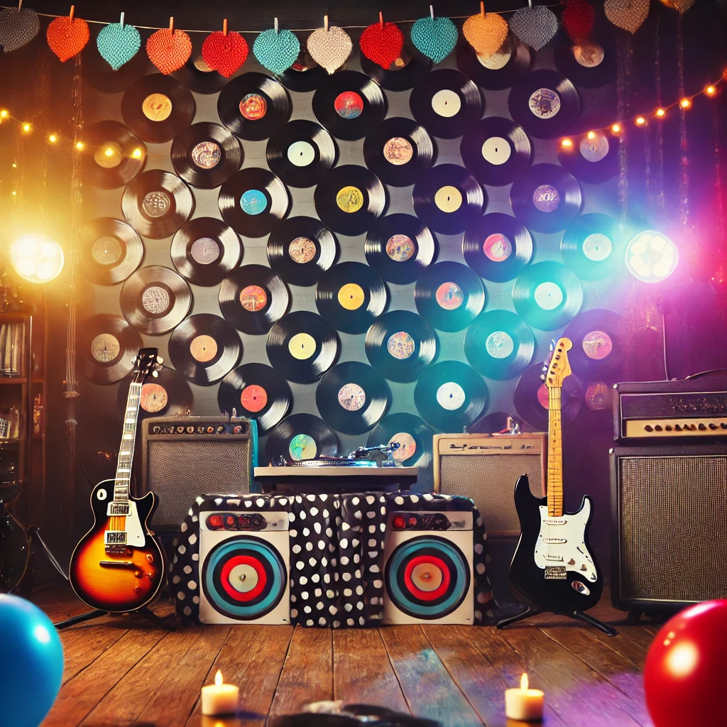 DALL·E 2025-02-22 22.05.54 - A rock & roll-themed birthday party setup. Features vinyl records hanging as decorations, instrument props, stage lights, and a vibrant party atmosphe