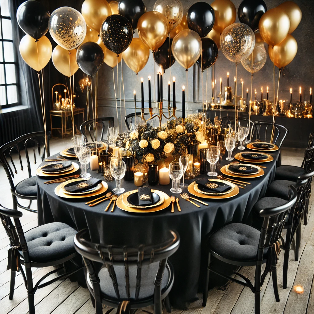 DALL·E 2025-02-22 22.06.02 - A sophisticated black and gold-themed birthday party setup. Features black and gold balloons, elegant tableware, metallic accents, and a stylishly set