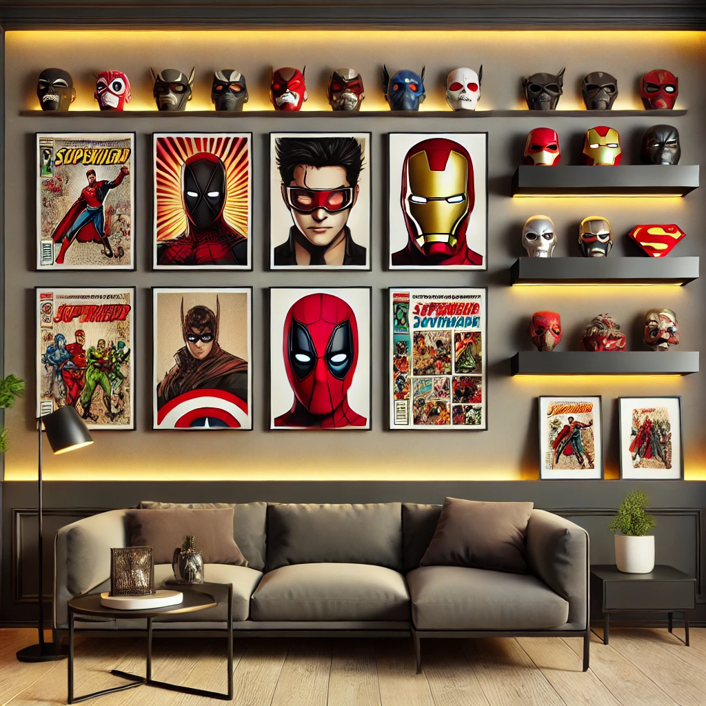 DALL·E 2025-02-22 22.06.21 - A stylish living room wall decorated with superhero-themed artwork and accessories. The wall features framed comic book-style artwork, sleek floating