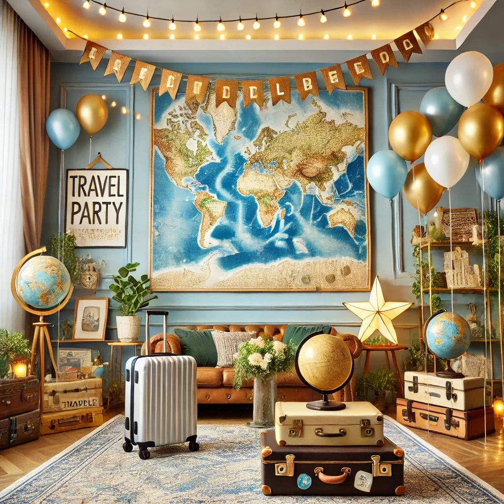 DALL·E 2025-02-22 22.06.44 - A travel-themed party decor setup in a stylish living room. The room features vintage maps, globes, suitcase props, and travel-inspired decorations. T