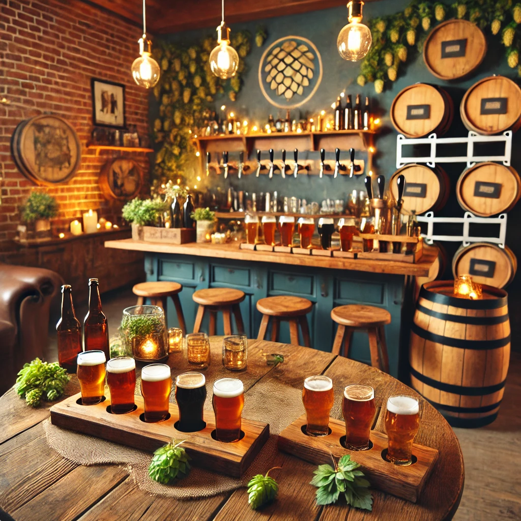 DALL·E 2025-02-22 22.06.55 - A home brewery-themed party setup. Features rustic wooden bar counters, beer flight paddles with different craft beer samples, custom beer labels, and