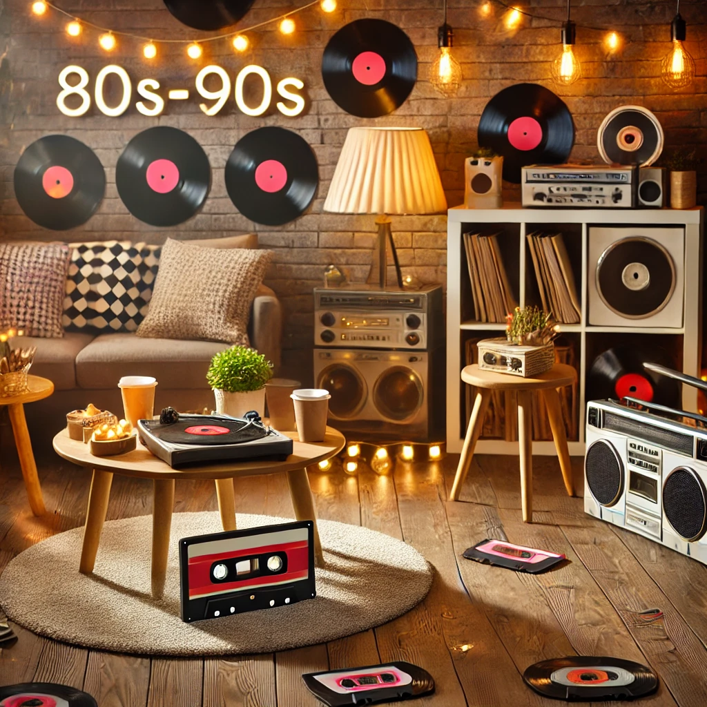 DALL·E 2025-02-22 22.08.01 - A realistic and practical 80s-90s throwback party decor setup. Features a cozy living room decorated with vinyl records, cassette tapes, cassette play