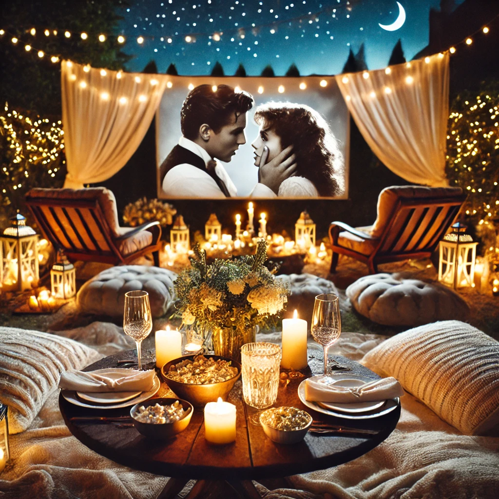 DALL·E 2025-02-24 21.13.57 - A romantic outdoor candlelit dinner setup with fairy lights draped around a cozy seating area. A projector screen shows a classic romantic movie under