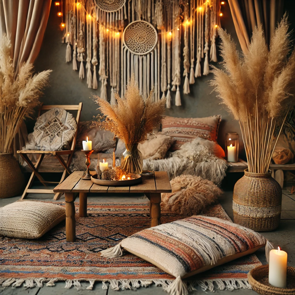 DALL·E 2025-02-24 21.14.01 - A cozy boho chic lounge setup outdoors with floor cushions, woven rugs, macramé hangings, pampas grass, and a rustic wooden table with candles. The sc