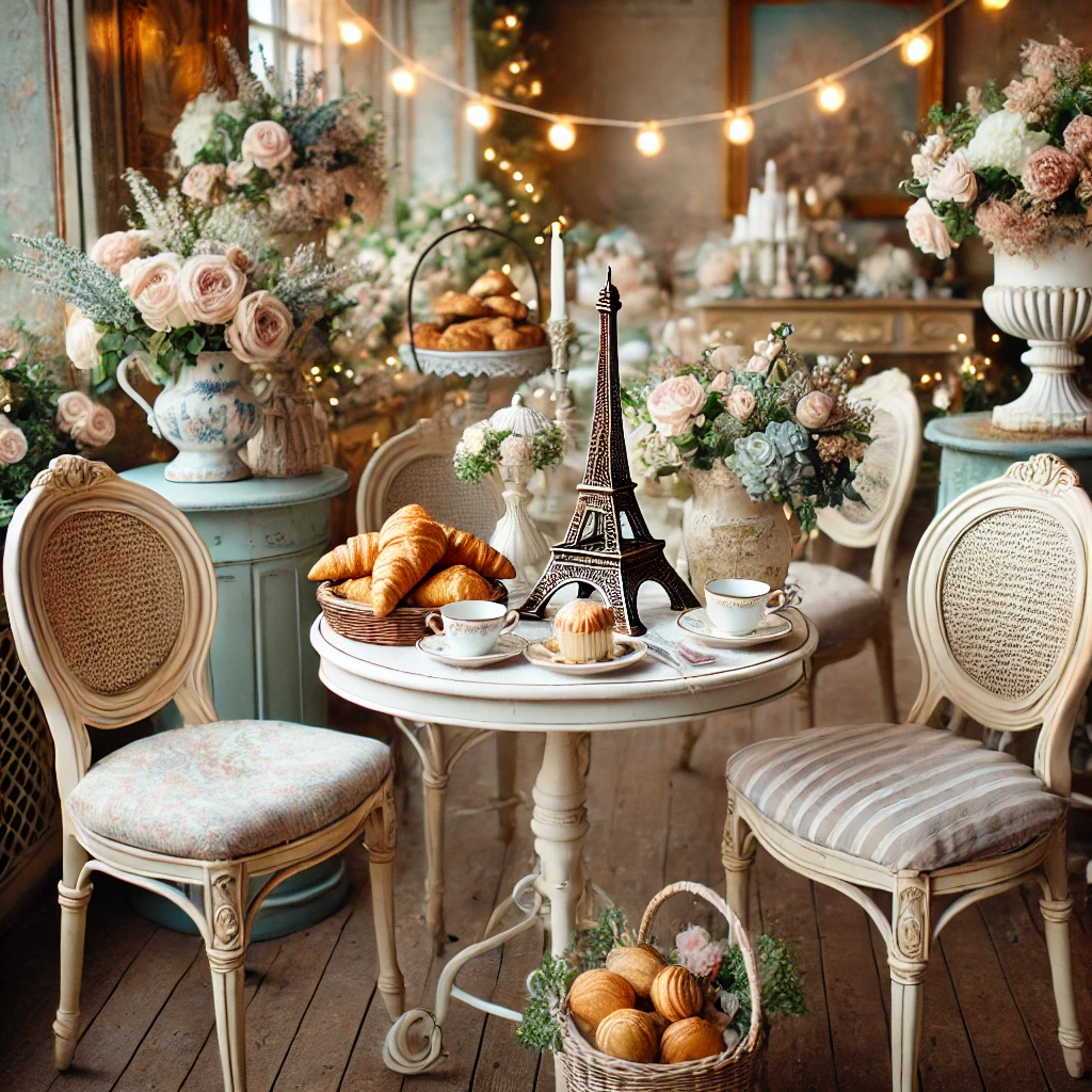 DALL·E 2025-02-24 21.14.07 - A charming Parisian café-inspired setup with vintage bistro chairs, delicate china, a table with fresh croissants, and an Eiffel Tower centerpiece. So