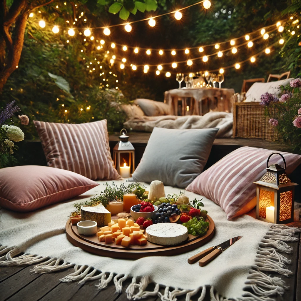 DALL·E 2025-02-24 21.14.12 - A romantic backyard picnic retreat setup with a soft blanket, oversized pillows, a charcuterie board filled with artisanal cheeses and fresh berries,