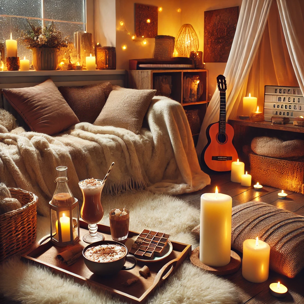 DALL·E 2025-02-24 21.14.17 - A cozy indoor hideaway setup with plush throws, dimmable warm lighting, soft jazz playing in the background, a DIY hot cocoa station, and aromatic can
