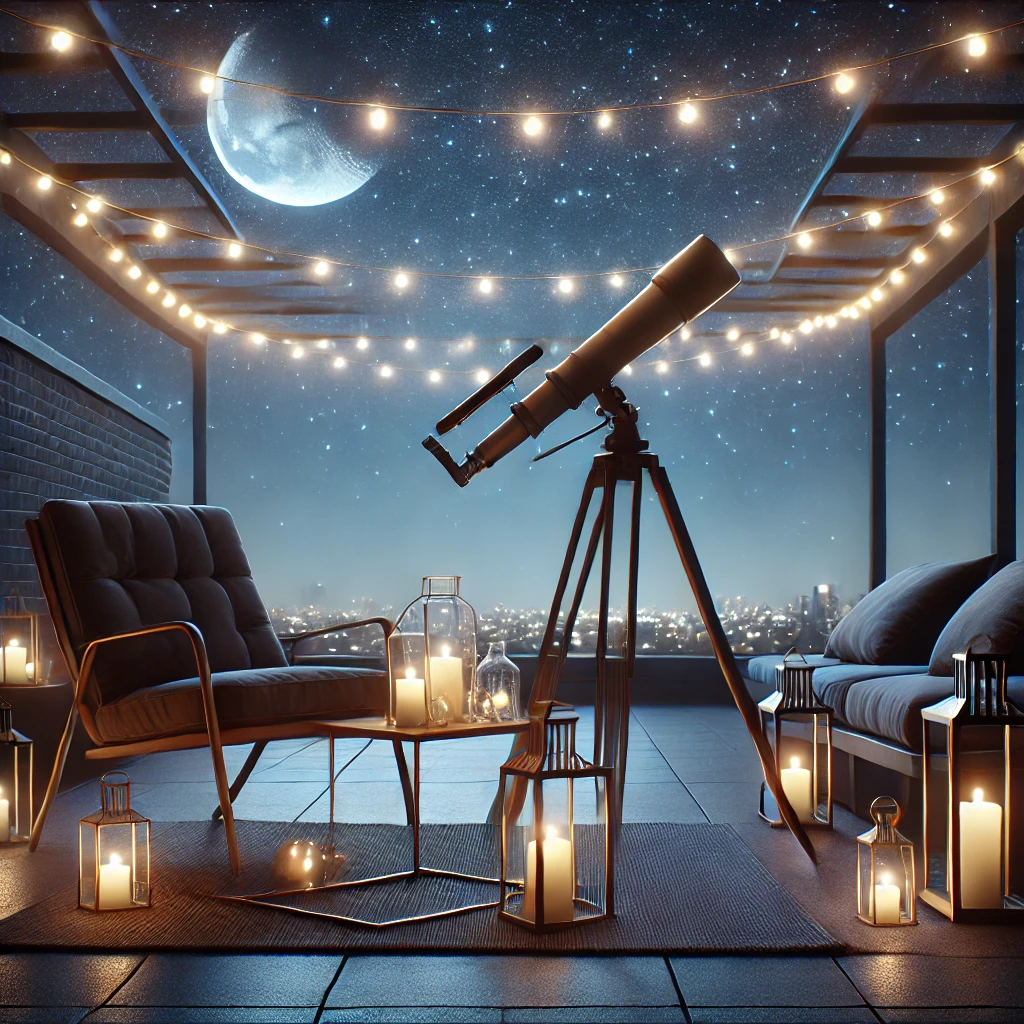 DALL·E 2025-02-24 21.14.30 - A realistic and minimal rooftop evening setup with subtle fairy lights, a simple telescope, and a cozy seating area under a clear night sky. The ambia