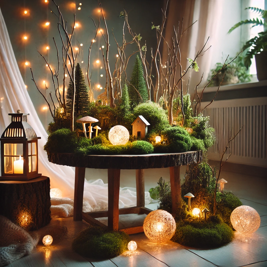 DALL·E 2025-02-24 21.14.42 - A realistic and minimal enchanted forest setup inside a home, featuring soft glowing lanterns, a moss-covered table, and warm ambient lighting. The sp