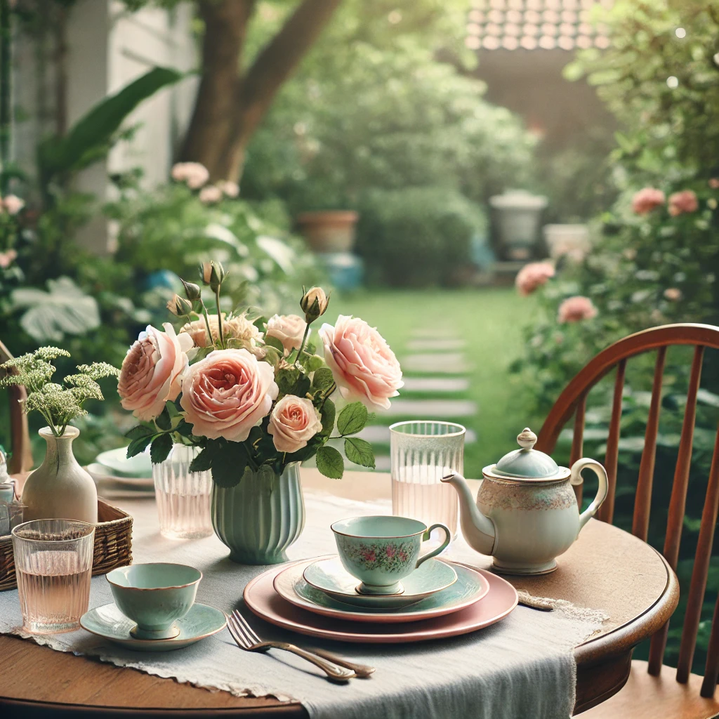 DALL·E 2025-02-24 21.14.50 - A realistic and minimal vintage garden tea party setup in an outdoor garden. A simple wooden table with pastel tableware, antique teacups, and fresh r