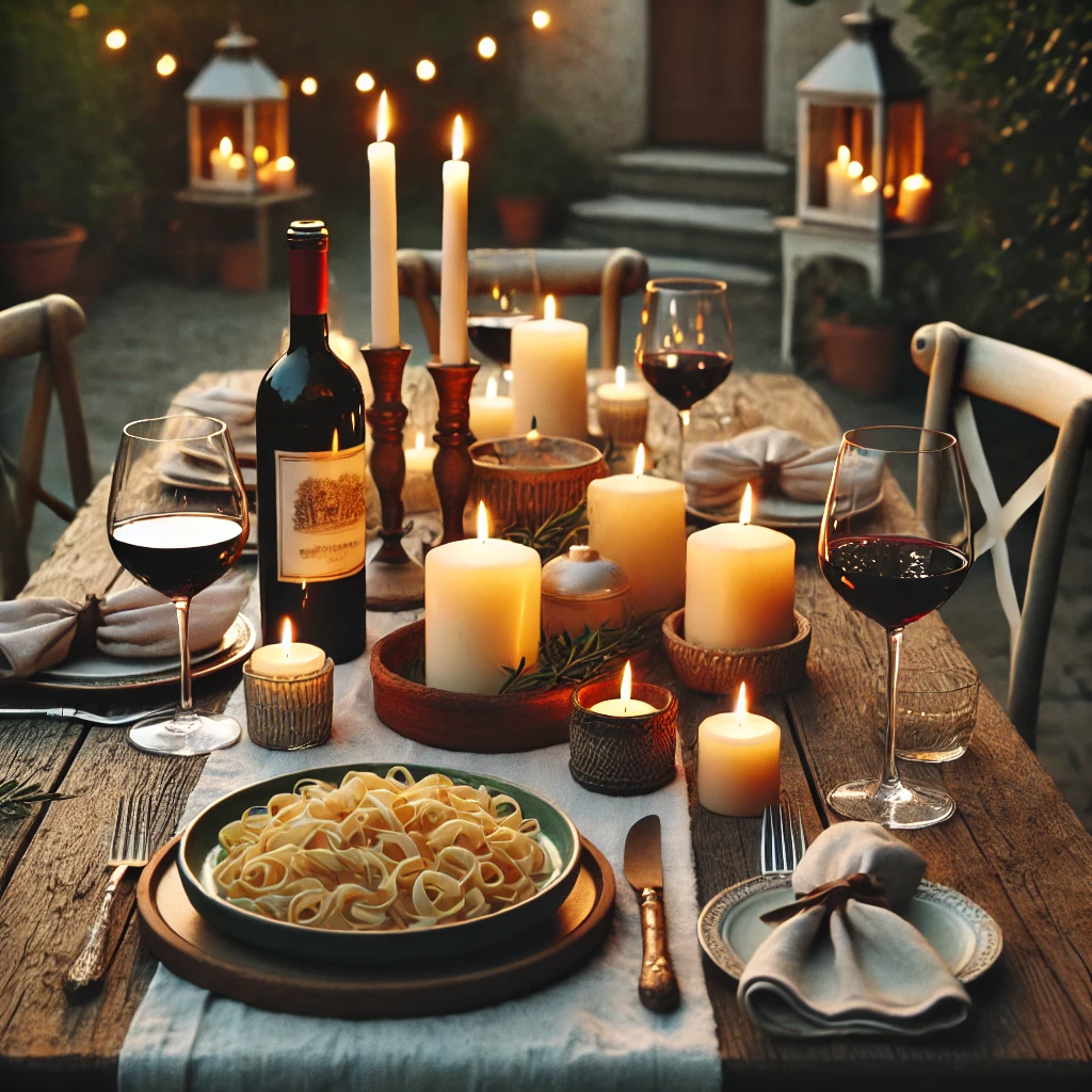 DALL·E 2025-02-24 21.14.57 - A realistic and minimal Italian-inspired candlelit dinner setup in a backyard. A rustic wooden table with warm candlelight, bottles of Chianti, and ho