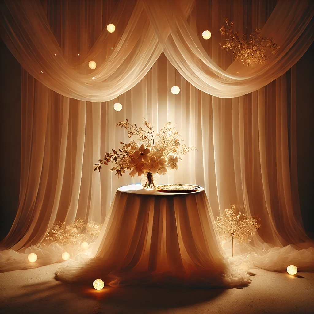 DALL·E 2025-02-24 21.15.02 - A realistic and minimalistic minimalist fairytale glow setup. Soft warm lighting with a single white floral arrangement on a delicate table, sheer dra