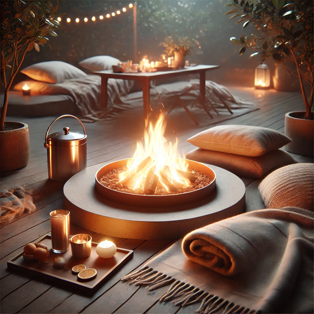 DALL·E 2025-02-24 21.15.06 - A realistic and minimal fireside gathering setup in a backyard. A simple fire pit with cozy blankets around it, soft ambient lighting, and a warm drin
