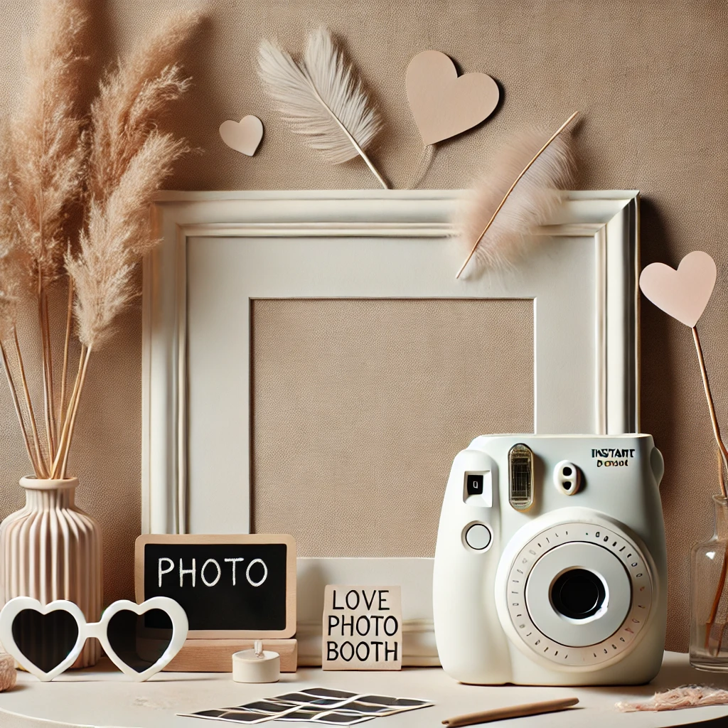 DALL·E 2025-02-24 21.50.57 - A minimalistic and realistic love-themed photo booth setup without any text or writing. A simple yet elegant backdrop with soft neutral tones, a few r