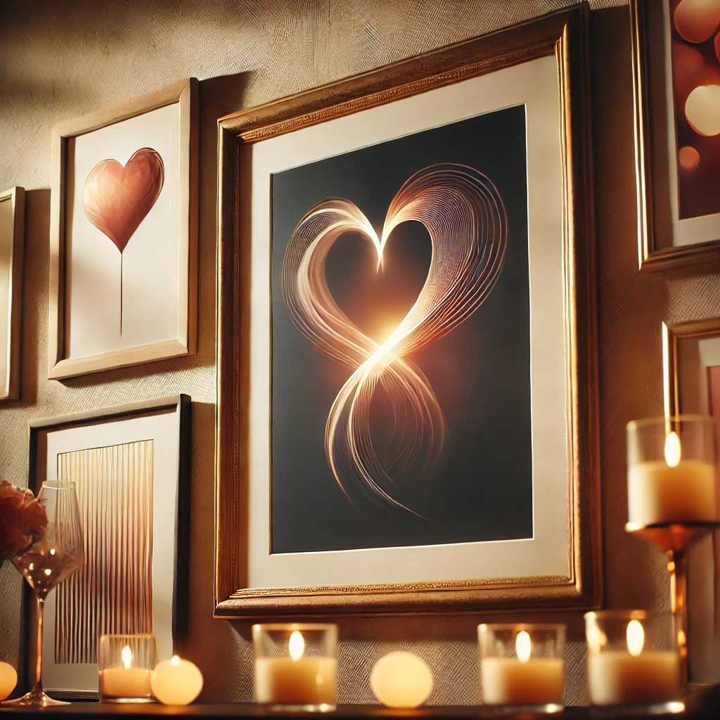 DALL·E 2025-02-24 21.53.52 - A romantic wall decor setup featuring elegant abstract art pieces symbolizing love. A single framed artwork depicting an abstract heart is in focus, w