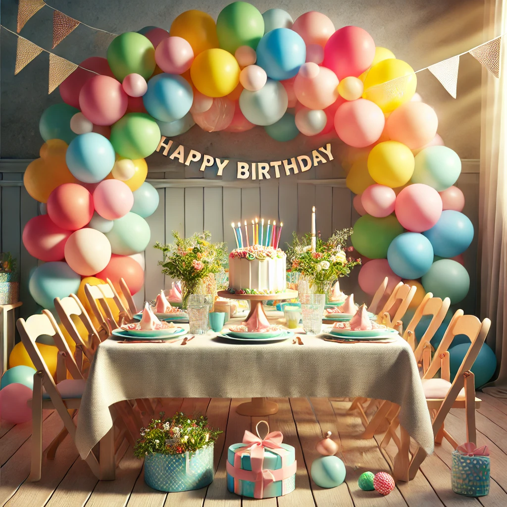 DALL·E 2025-02-24 22.06.32 - A realistic yet vibrant children's birthday party scene featuring a colorful balloon arch framing a modestly decorated party table. The table is set w