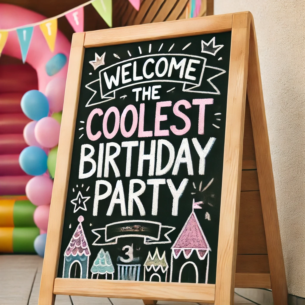 DALL·E 2025-02-24 22.12.01 - An inviting children's birthday party entrance with a chalkboard welcome sign. The sign is decorated with colorful chalk drawings and a personalized b