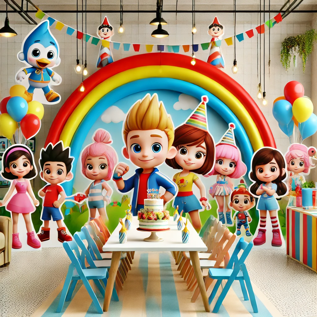 DALL·E 2025-02-24 22.14.46 - A fun children's birthday party setup featuring animated figures instead of real people. The party area includes life-sized character cutouts, a color