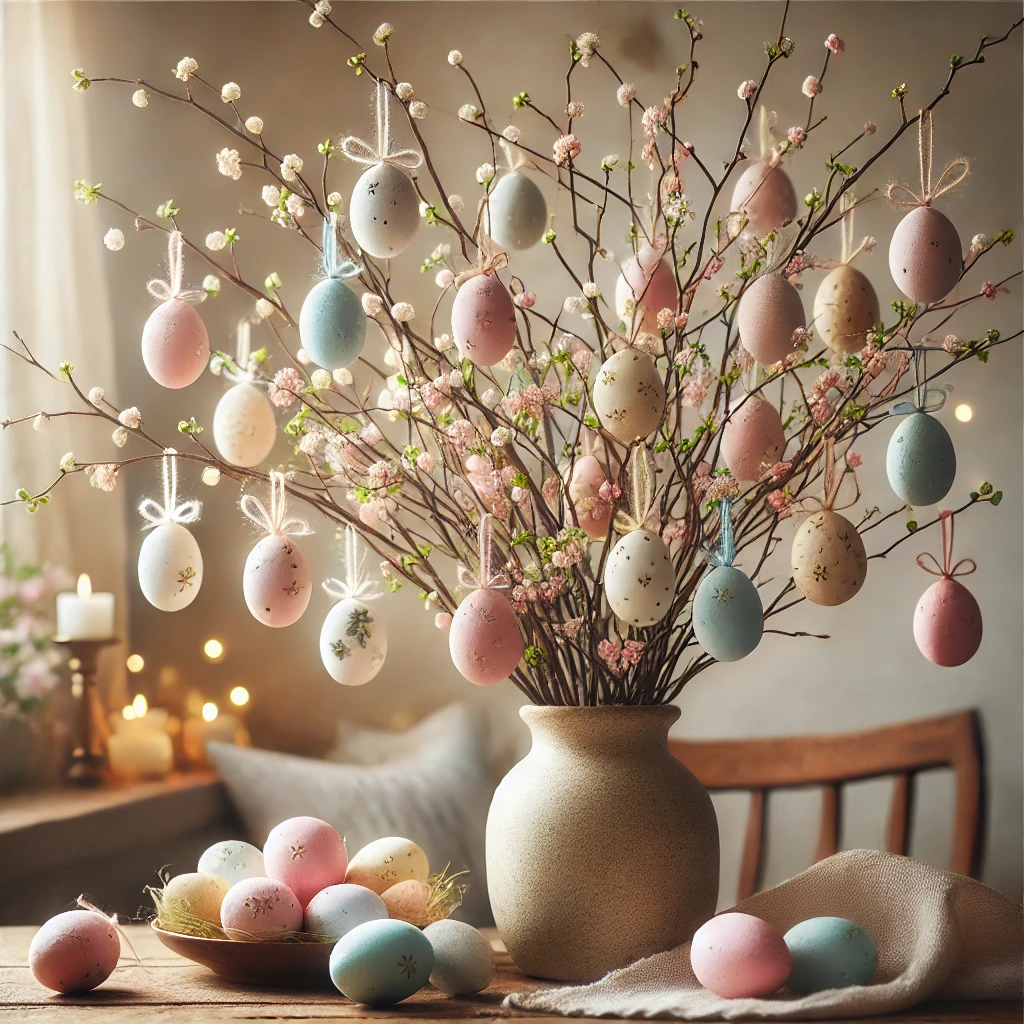 DALL·E 2025-03-06 22.08.05 - A beautifully decorated Easter egg tree with pastel-colored eggs hanging from delicate branches in a rustic vase. The scene is set on a cozy wooden ta