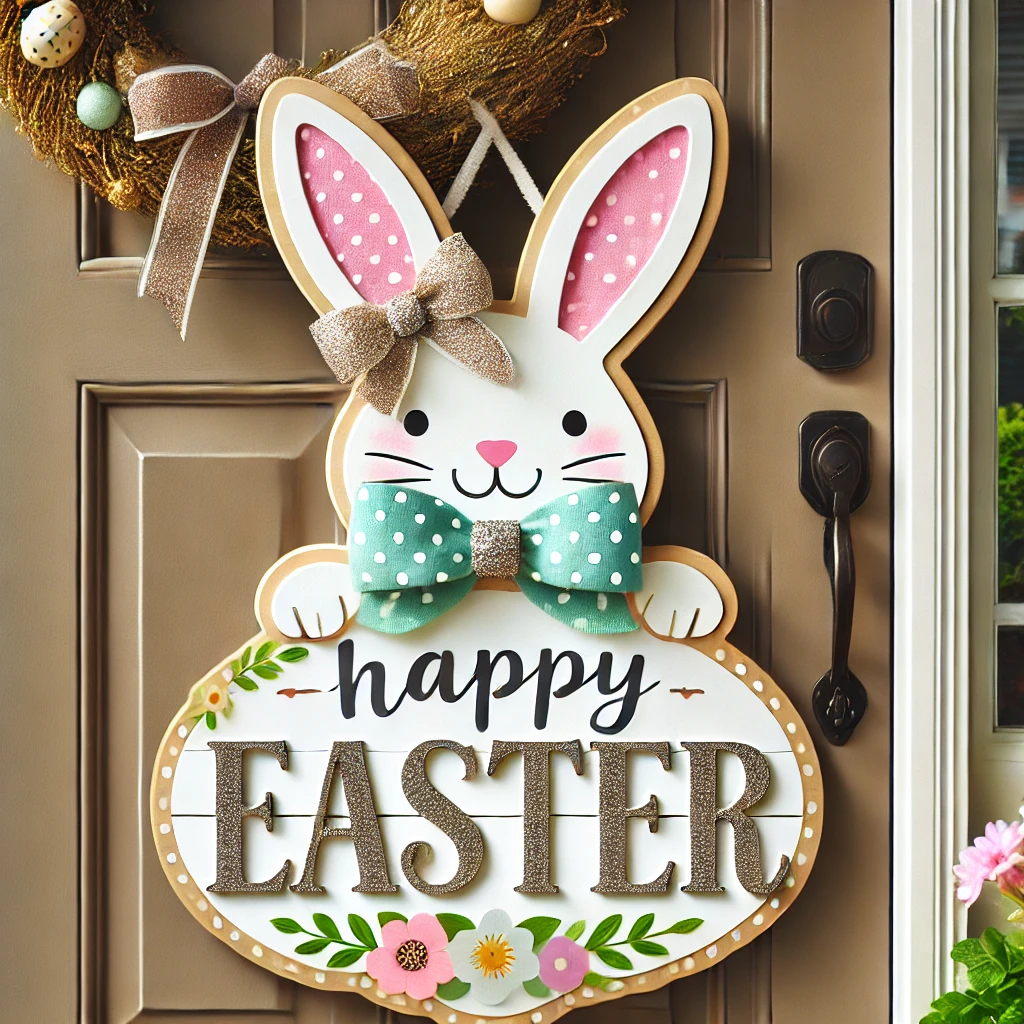 DALL·E 2025-03-06 22.08.16 - A front door decorated with a charming bunny-shaped welcome sign that says 'Happy Easter.' The sign is made of wood or felt, painted in pastel colors,