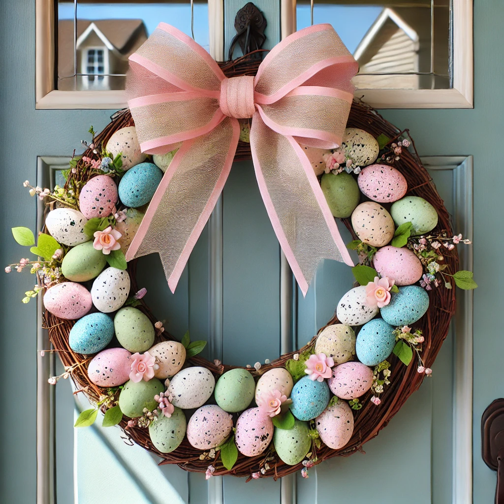 DALL·E 2025-03-06 22.08.21 - A beautiful Easter egg wreath hanging on a front door. The wreath is made of pastel-colored speckled eggs, woven into a grapevine base with floral acc