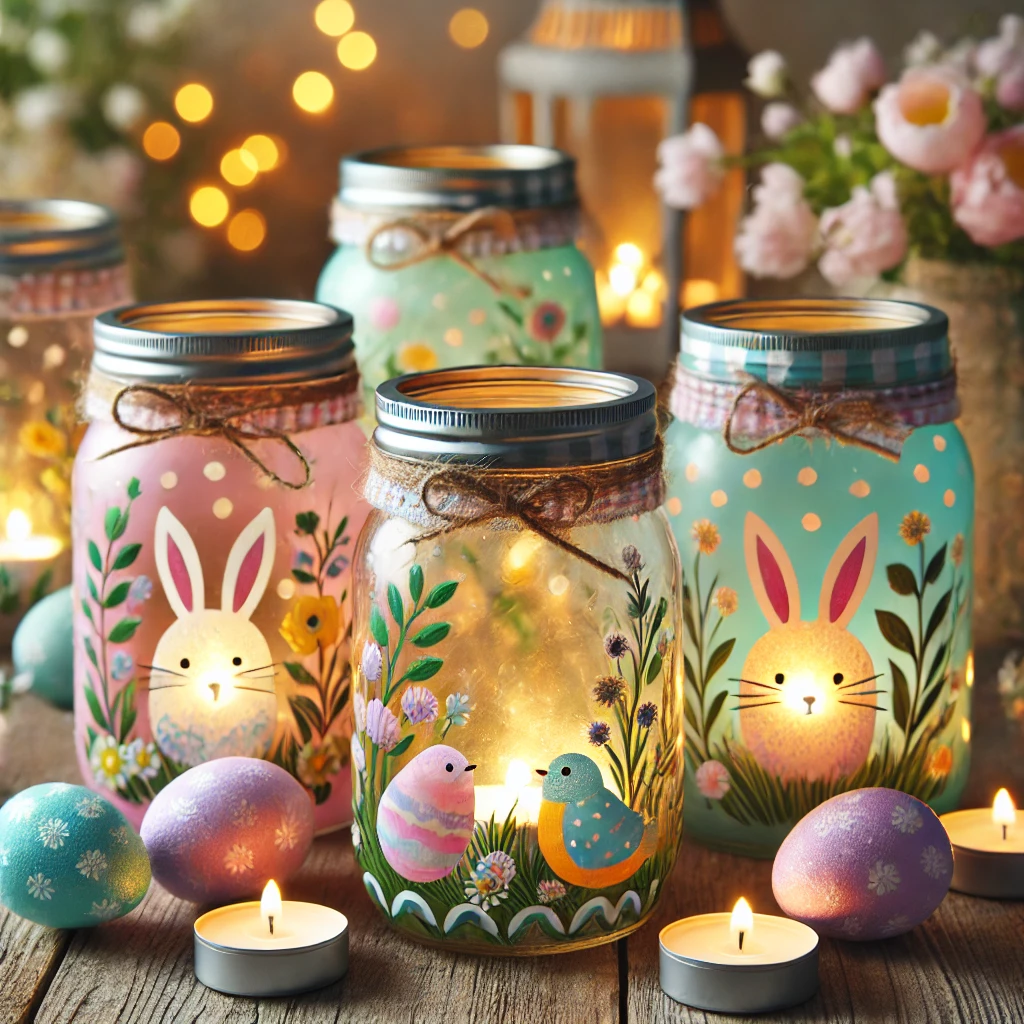 DALL·E 2025-03-06 22.08.49 - A cozy Easter-themed setup featuring mason jar lanterns painted in pastel colors with intricate Easter designs. Each jar glows softly with battery-pow