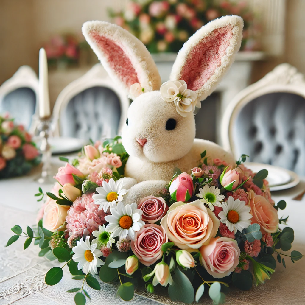 DALL·E 2025-03-06 22.08.52 - A stunning floral bunny centerpiece made from fresh flowers arranged in the shape of a bunny. The arrangement includes pastel-colored roses, tulips, a