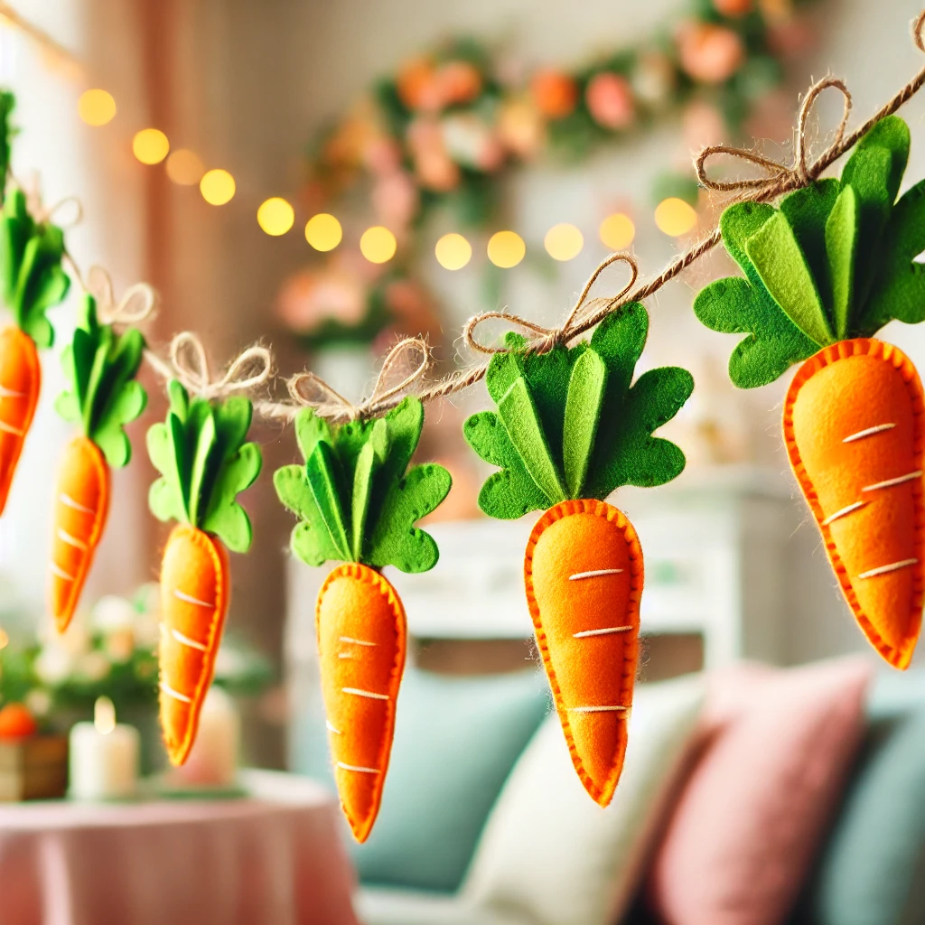 DALL·E 2025-03-06 22.09.00 - A festive carrot garland hanging across a cozy Easter-themed space. The garland is made of vibrant orange and lush green felt carrots strung together