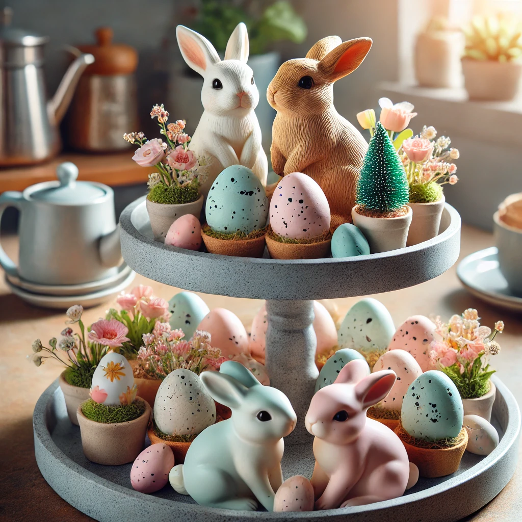 DALL·E 2025-03-06 22.09.14 - A beautifully arranged Easter-themed tiered tray display. The tray is decorated with miniature bunny figurines, pastel-colored speckled eggs, and tiny