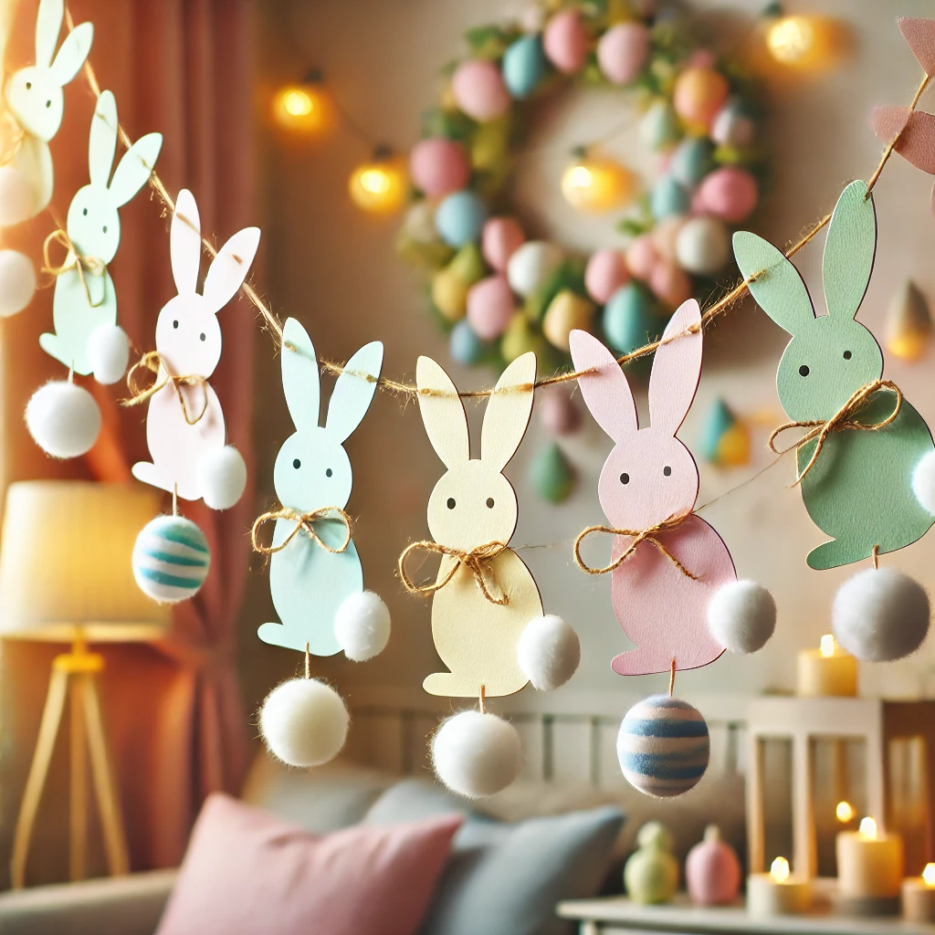 DALL·E 2025-03-06 22.09.18 - A charming paper bunny garland hanging across a cozy Easter-themed room. The garland features pastel-colored paper bunnies with fluffy cotton ball tai